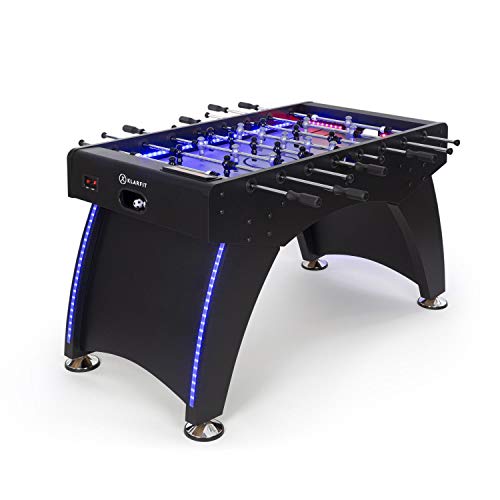 Klarfit Arrowhead Futbolín - fútbol de Mesa, Campo de Juego con iluminación LED, Cuenta porterías automático, Campo de Juego: 117x68cm, Barras Huecas de Acero Inoxidable de 15,8 mm, Antracita