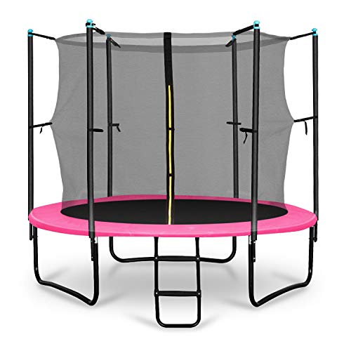 Klarfit Rocketboy - Cama elástica con Red de Seguridad, Superficie Base 250 cm diámetro, Carga máx. 150 kg, Sujeción 3 Patas Doble, Varillas de sujeción Acolchadas, Lona Resistente Rayos UV, Rosa