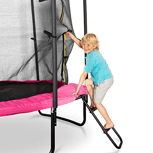 Klarfit Rocketboy - Cama elástica con Red de Seguridad, Superficie Base 250 cm diámetro, Carga máx. 150 kg, Sujeción 3 Patas Doble, Varillas de sujeción Acolchadas, Lona Resistente Rayos UV, Rosa