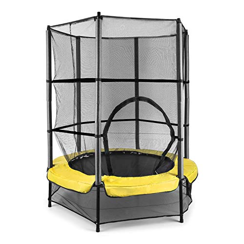 KLARFIT Rocketkid - Cama elástica, Cama elástica niños a partir de 3 años, Cama elástica exterior con carga máx. 50 kg, Red de seguridad, Suspensión de cuerda elástica, Borde acolchado, Amarillo