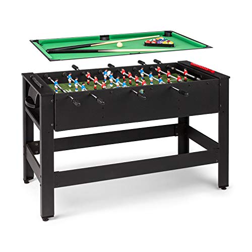 Klarfit Spin - 2 en 1 Mesa Multijuegos adultos y niños con billar y futbolin, mesa de 105 x 58 cm, revestimiento en verde, mesa futbolín multijuegos, con Accesorios de juego, mesa giratoria, Negro