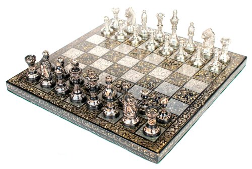 KLEO Stonkraft - Juego de ajedrez 31 x 31 cm - Plata Metalizada y Juego de Colores Negro con Brillantes Piezas de ajedrez de Lujo