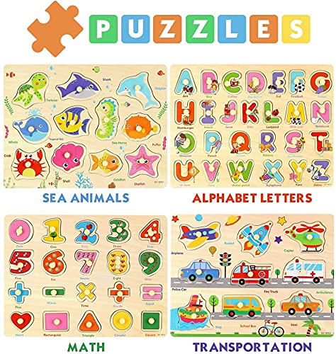 kramow 4 Piezas Puzzle de Madera Letras,Número,Vehículo y Animales,Juguetes Educativos Rompecabezas de Clavijas de Madera para 1 2 3 + Años Niños Niñas