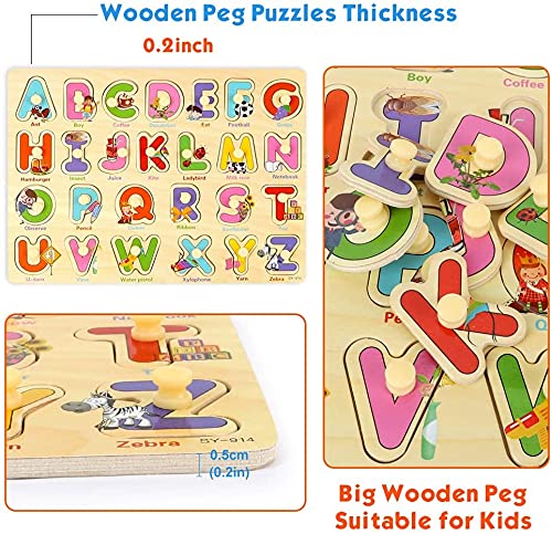 kramow 4 Piezas Puzzle de Madera Letras,Número,Vehículo y Animales,Juguetes Educativos Rompecabezas de Clavijas de Madera para 1 2 3 + Años Niños Niñas