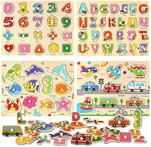 kramow 4 Piezas Puzzle de Madera Letras,Número,Vehículo y Animales,Juguetes Educativos Rompecabezas de Clavijas de Madera para 1 2 3 + Años Niños Niñas