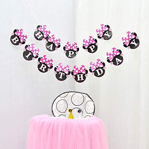 Kreatwow Decoración de la Fiesta de cumpleaños de Minnie Mouse Girls, Diadema de Minnie Mouse, Banner de cumpleaños Feliz, Globos Rojos de la Rosa Negro