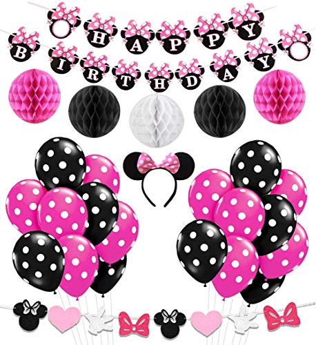 Kreatwow Decoración de la Fiesta de cumpleaños de Minnie Mouse Girls, Diadema de Minnie Mouse, Banner de cumpleaños Feliz, Globos Rojos de la Rosa Negro