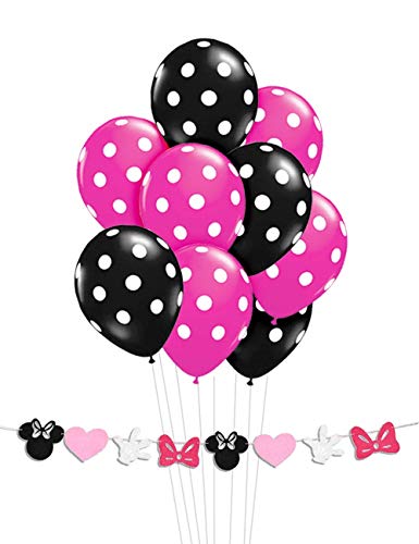 Kreatwow Decoración de la Fiesta de cumpleaños de Minnie Mouse Girls, Diadema de Minnie Mouse, Banner de cumpleaños Feliz, Globos Rojos de la Rosa Negro