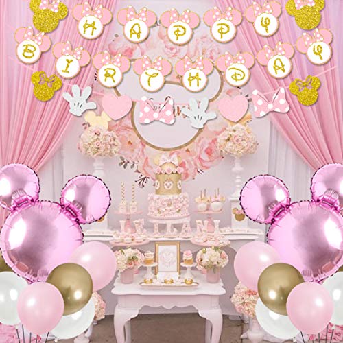 Kreatwow Decoraciones de fiesta de cumpleaños de Minnie rosa y dorada Banner de feliz cumpleaños Guirnaldas de pastel y cupcake para Minnie Themed 1st 2nd 3rd Birthday Party Supplies