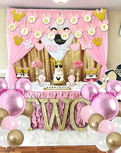 Kreatwow Decoraciones de fiesta de cumpleaños de Minnie rosa y dorada Banner de feliz cumpleaños Guirnaldas de pastel y cupcake para Minnie Themed 1st 2nd 3rd Birthday Party Supplies