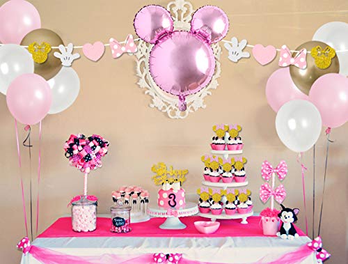 Kreatwow Decoraciones de fiesta de cumpleaños de Minnie rosa y dorada Banner de feliz cumpleaños Guirnaldas de pastel y cupcake para Minnie Themed 1st 2nd 3rd Birthday Party Supplies