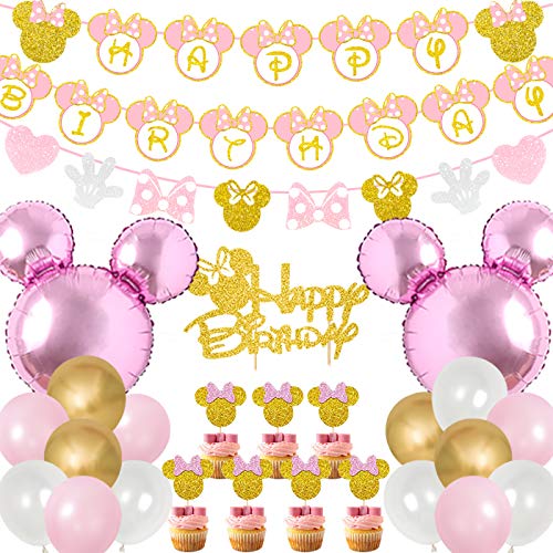 Kreatwow Decoraciones de fiesta de cumpleaños de Minnie rosa y dorada Banner de feliz cumpleaños Guirnaldas de pastel y cupcake para Minnie Themed 1st 2nd 3rd Birthday Party Supplies