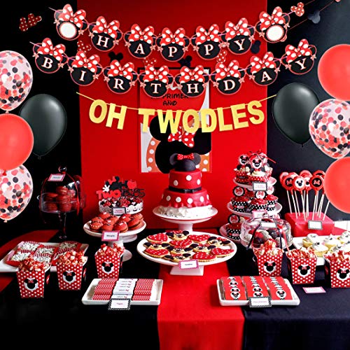 Kreatwow Oh Twodles Minnie 2nd Birthday Decorations Mickey and Minnie Party Supplies Red and Black Cake Topper Banner Garland