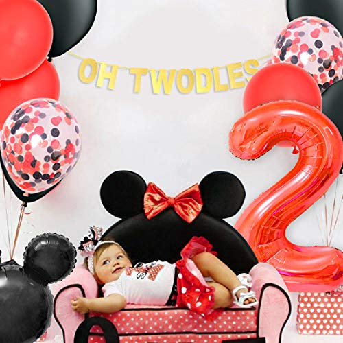 Kreatwow Oh Twodles Minnie 2nd Birthday Decorations Mickey and Minnie Party Supplies Red and Black Cake Topper Banner Garland