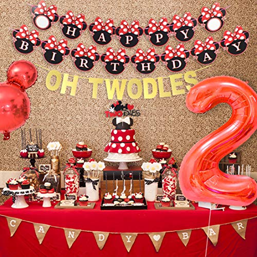 Kreatwow Oh Twodles Minnie 2nd Birthday Decorations Mickey and Minnie Party Supplies Red and Black Cake Topper Banner Garland