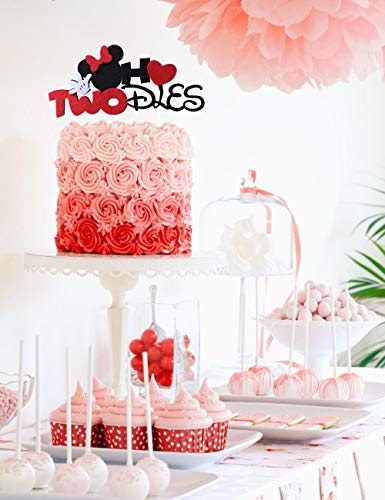 Kreatwow Oh Twodles Minnie 2nd Birthday Decorations Mickey and Minnie Party Supplies Red and Black Cake Topper Banner Garland