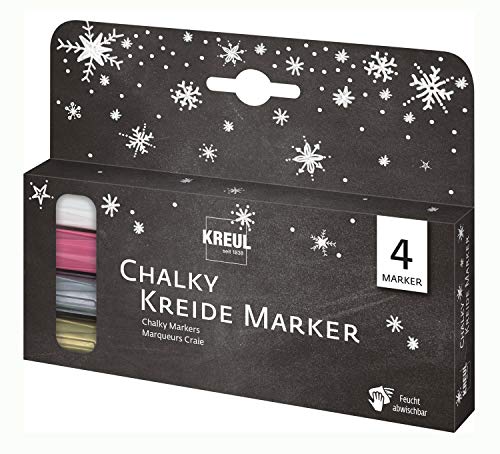 Kreul Chalky 22708 - Juego de rotuladores de tiza líquida (4 unidades, punta redonda estable de 2 a 3 mm, mate, no permanente, para dibujar en pizarras, tableros de notas o superficies de cristal)