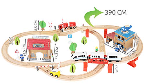 KRUZZEL Tren de Juguete de Madera Ferrocarril de Madera Pista de Coches para Niños Bucket Top Mountain con Recipiente 9362