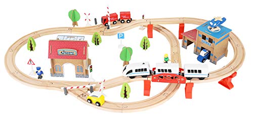 KRUZZEL Tren de Juguete de Madera Ferrocarril de Madera Pista de Coches para Niños Bucket Top Mountain con Recipiente 9362