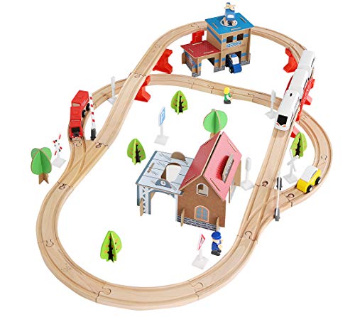 KRUZZEL Tren de Juguete de Madera Ferrocarril de Madera Pista de Coches para Niños Bucket Top Mountain con Recipiente 9362