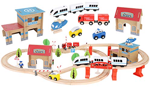 KRUZZEL Tren de Juguete de Madera Ferrocarril de Madera Pista de Coches para Niños Bucket Top Mountain con Recipiente 9362