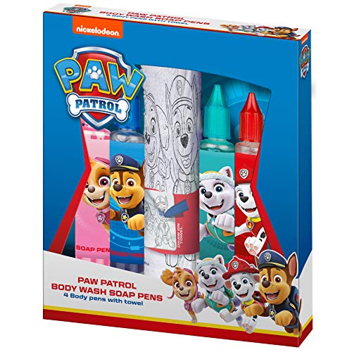 KTN Paw Patrol - Juego de 4 rotuladores de jabón y una toalla para colorear - Lápices de baño como set de regalo