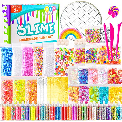 KUUQA 61 Pcs Slime Kit, incluyendo Fishbowl Beads, papel azúcar, rejilla, Googly Eyes, Shell, rebanadas, confeti, bolas espuma lodo, hoja imitación oro para la fabricación baba artesanía bricolaje