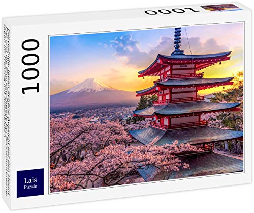 Lais Puzzle Fujiyoshida, Japón Hermosa Vista del Monte Fuji y la Pagoda Chureito al Atardecer, Japón en Primavera con los cerezos en Flor 1000 Piezas