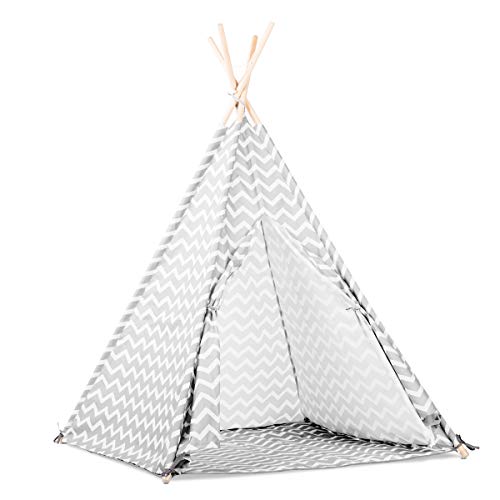 Lalaloom ZIGZAG TIPI - Tipi para niños con diseño nórdico (tienda, campaña infantil de poliéster, estructura de madera natural en el interior y exterior), 120x120x150 cm, color Gris/Blanco