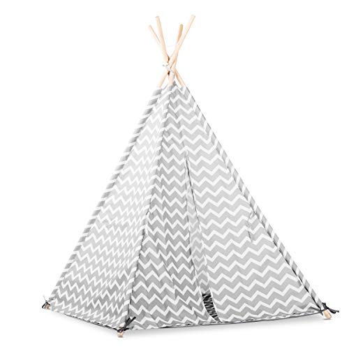 Lalaloom ZIGZAG TIPI - Tipi para niños con diseño nórdico (tienda, campaña infantil de poliéster, estructura de madera natural en el interior y exterior), 120x120x150 cm, color Gris/Blanco