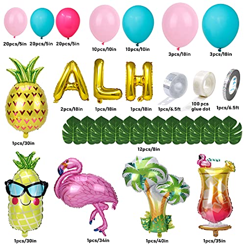 Latocos 110pcs Decoración Tropical Hawaian Globos Arco Kit con Hojas Selva Flamingo Globos Piña Arbol de Palmera Papel de Cóctel Globo para Luau Fiesta Hawaiana Playa Decoraciones