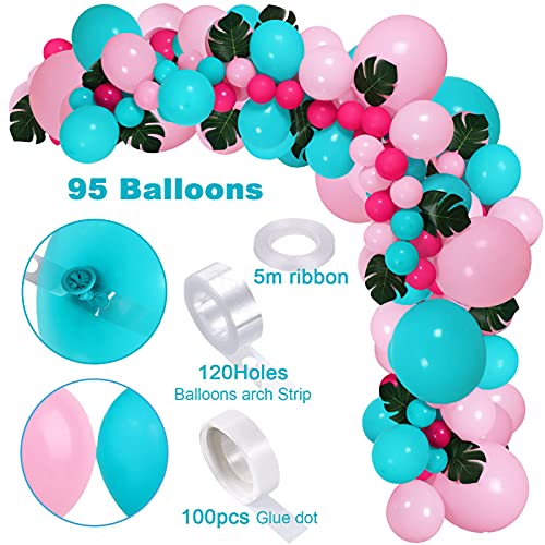 Latocos 110pcs Decoración Tropical Hawaian Globos Arco Kit con Hojas Selva Flamingo Globos Piña Arbol de Palmera Papel de Cóctel Globo para Luau Fiesta Hawaiana Playa Decoraciones