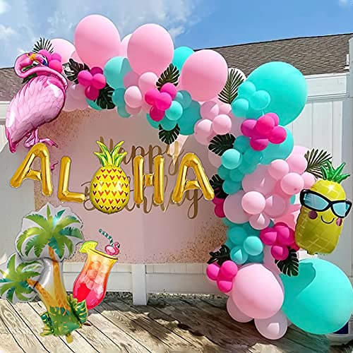 Latocos 110pcs Decoración Tropical Hawaian Globos Arco Kit con Hojas Selva Flamingo Globos Piña Arbol de Palmera Papel de Cóctel Globo para Luau Fiesta Hawaiana Playa Decoraciones