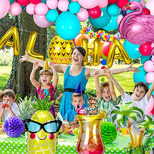 Latocos 110pcs Decoración Tropical Hawaian Globos Arco Kit con Hojas Selva Flamingo Globos Piña Arbol de Palmera Papel de Cóctel Globo para Luau Fiesta Hawaiana Playa Decoraciones