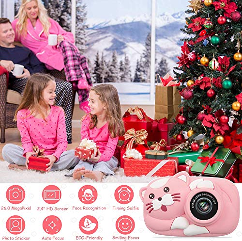 LeaderPro Cámara Digital para Niños, HD 2600 MP/1080P Selfie Video Cámara Infantil con Pantalla 2.4", Regalos Ideales para Niños y Niñas Doble Objetivo,a Prueba de Golpes,Carcasa de Silicona (Rosa)