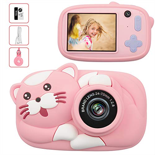 LeaderPro Cámara Digital para Niños, HD 2600 MP/1080P Selfie Video Cámara Infantil con Pantalla 2.4", Regalos Ideales para Niños y Niñas Doble Objetivo,a Prueba de Golpes,Carcasa de Silicona (Rosa)