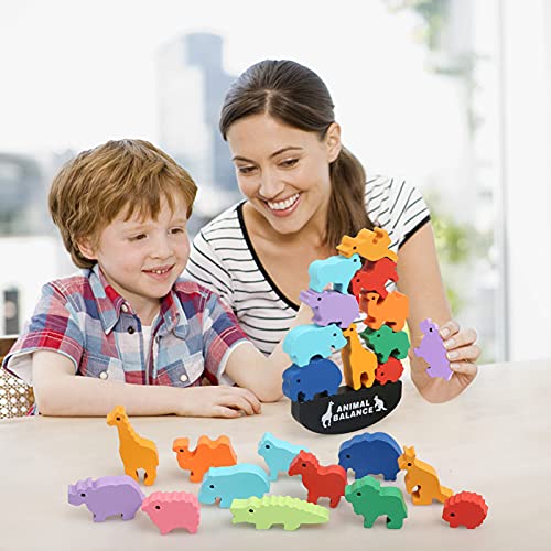 LEADSTAR Juegos de Apilamiento de Madera, Bloques de Madera Animales, Juego de Equilibrio para Niños, Juguetes Montessori Educativos para Aprender los Coloridos (Animal)