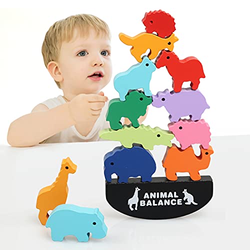 LEADSTAR Juegos de Apilamiento de Madera, Bloques de Madera Animales, Juego de Equilibrio para Niños, Juguetes Montessori Educativos para Aprender los Coloridos (Animal)