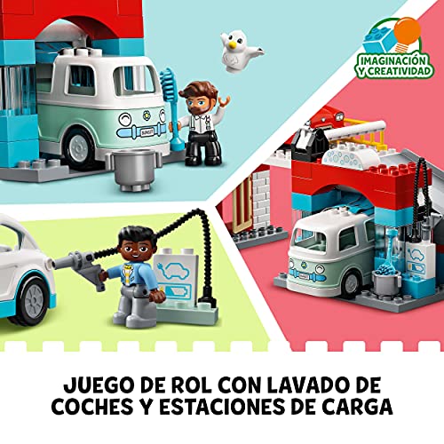 LEGO 10948 Duplo Town Aparcamiento y Autolavado, Parking para Coches de Juguete para Niños 2 Años con Mini Figuras