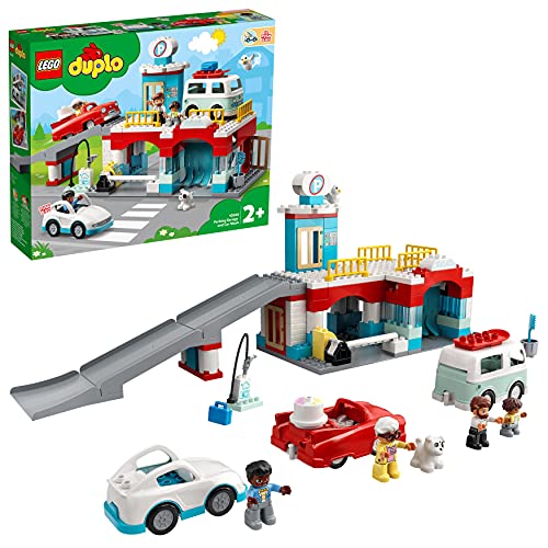 LEGO 10948 Duplo Town Aparcamiento y Autolavado, Parking para Coches de Juguete para Niños 2 Años con Mini Figuras