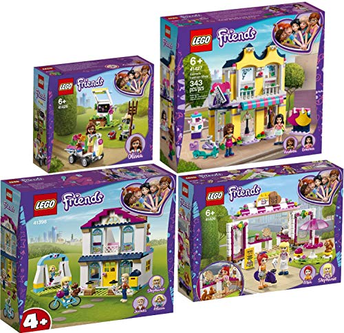 Lego® Friends - Juego de 4 casas, 41398 41425 41426 41427, casa familiar + jardín de flores + casa de gofres + tienda de moda