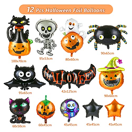 LEMESO 12 Globos Halloween Fiestas Decoraciones Globos Grande Calabaza Murciélago Araña Fantasma de Aluminio Globos para Niños Pack de Adornas Party Halloween