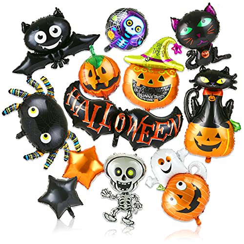 LEMESO 12 Globos Halloween Fiestas Decoraciones Globos Grande Calabaza Murciélago Araña Fantasma de Aluminio Globos para Niños Pack de Adornas Party Halloween