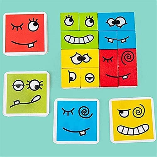 LEMORTH Magic Cube Face Pattern Building Blocks Juguetes, Empresiones de Madera Juguete, for niños Edades 3 4 5 años, 12 Piezas Madera Jigsaw y 50 Tarjetas Emoji Puzzles Juguetes educativos