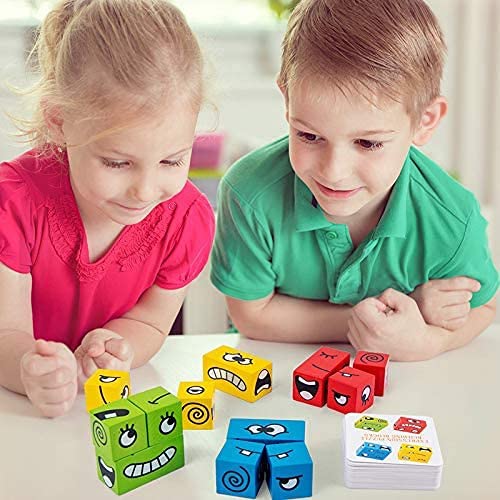 LEMORTH Magic Cube Face Pattern Building Blocks Juguetes, Empresiones de Madera Juguete, for niños Edades 3 4 5 años, 12 Piezas Madera Jigsaw y 50 Tarjetas Emoji Puzzles Juguetes educativos