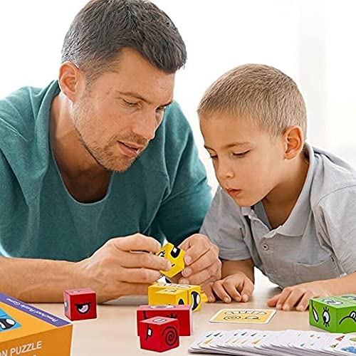 LEMORTH Magic Cube Face Pattern Building Blocks Juguetes, Empresiones de Madera Juguete, for niños Edades 3 4 5 años, 12 Piezas Madera Jigsaw y 50 Tarjetas Emoji Puzzles Juguetes educativos