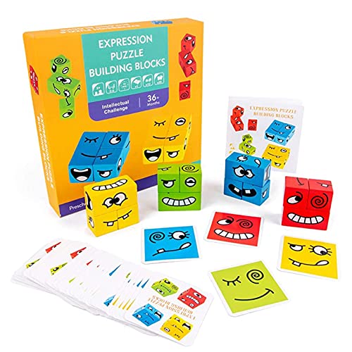 LEMORTH Magic Cube Face Pattern Building Blocks Juguetes, Empresiones de Madera Juguete, for niños Edades 3 4 5 años, 12 Piezas Madera Jigsaw y 50 Tarjetas Emoji Puzzles Juguetes educativos