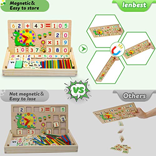 lenbest Matemáticas & Reloj Juguetes Caja Madera, Juguete Montessori Multifuncional de Reloj & Operación Matemática & Pintura , con Pizarra Magnética y 3 Tarjetas Matemáticas para Educación Temprana