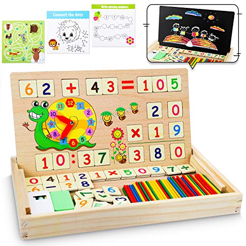 lenbest Matemáticas & Reloj Juguetes Caja Madera, Juguete Montessori Multifuncional de Reloj & Operación Matemática & Pintura , con Pizarra Magnética y 3 Tarjetas Matemáticas para Educación Temprana