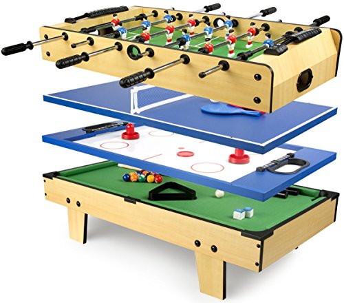 Leomark Mesa Multifuncional Multijuegos Futbolin Mesa de Juego 4 en 1 (futbolín, Billar, Tenis, Hockey) Buena Diversión para Niños Deporte Madera, Dimensiones: 82 x 43,5 x 20(A) cm